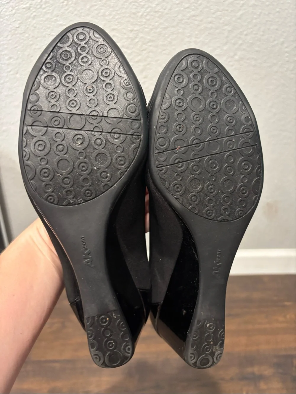 Anne Klein Sport Black Wedge Pumps with Patent Toe and Buckle
